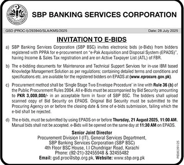 SBP Banking Services Corporation Karachi Tender Notice